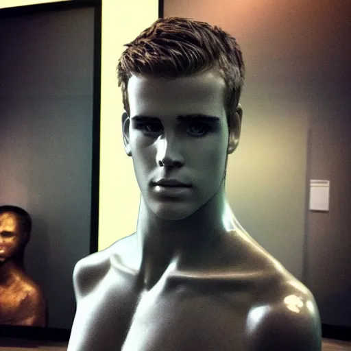 Image similar to “a realistic detailed photo of a guy who is an attractive humanoid who is half robot and half humanoid, who is a male android, actor Liam Hemsworth, shiny skin, posing like a statue, blank stare, at the museum, on display”