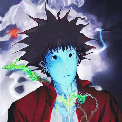 Image similar to portrait of Spike Spiegel fire Wizard Mage Wearing an obsidian vest whilst disguised as a devil atop the volcano uta natsume naoko takeuchi katsuhiro otomo Alexey Egorov Inio Asano sui ishida anime mangaka