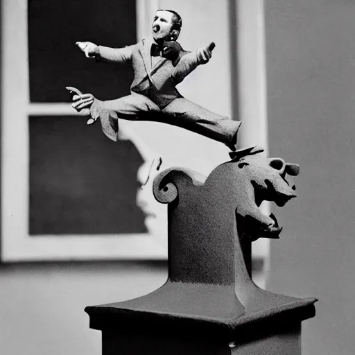 Prompt: frank sinatra riding a gargoyle