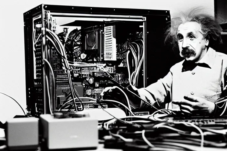 Prompt: Studio photo of Einstein building a PC, detailed, hyper realistic