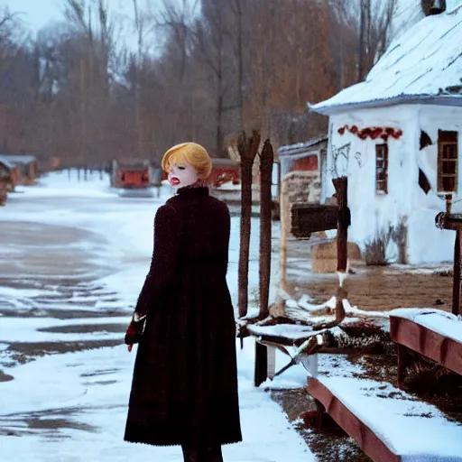 Image similar to emma stone wearing valenki in russian village, winter, painted by ron arad and steve argyle, blonde hair, cinematic