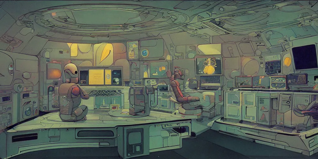 Prompt: a meditating robot in a space ship control room, holograms and displays, detailed art on walls, by moebius, 8 k, masterpiece of retro futurism, stunning composition