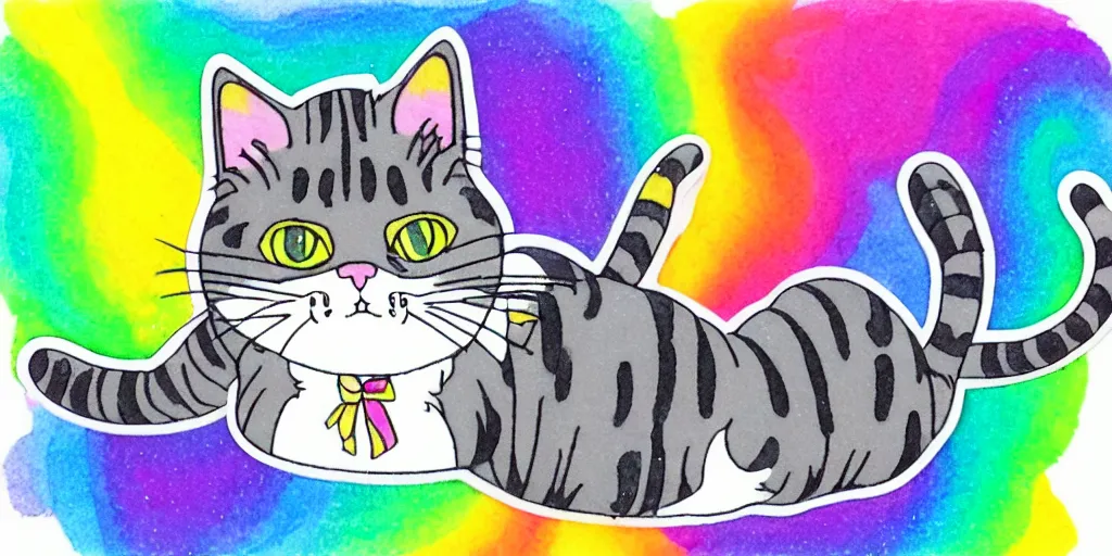 Image similar to a cat speaking, puffy sticker, glitter sticker by studio ghibli, by lisa frank 8 k pastel colours, isometric, smeared watercolours,