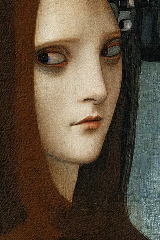 Image similar to a close - up portrait of a cyberpunk cyborg girl, by leonardo davinci, rule of thirds