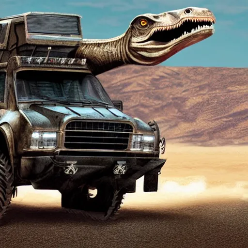 Prompt: velociraptor as a truck in the style of mad max and star wars, futuristic dramatic lighting, intricate photorealistic detail, many exotic high end features