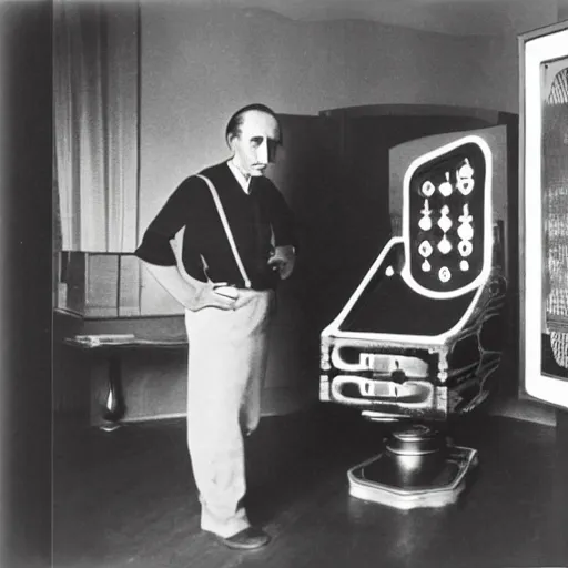 Image similar to underexposed photo of Marcel Duchamp in a room with an ancient chess machine, tri-x, archival pigment print in the style of Hito Steyerl, contemporary art