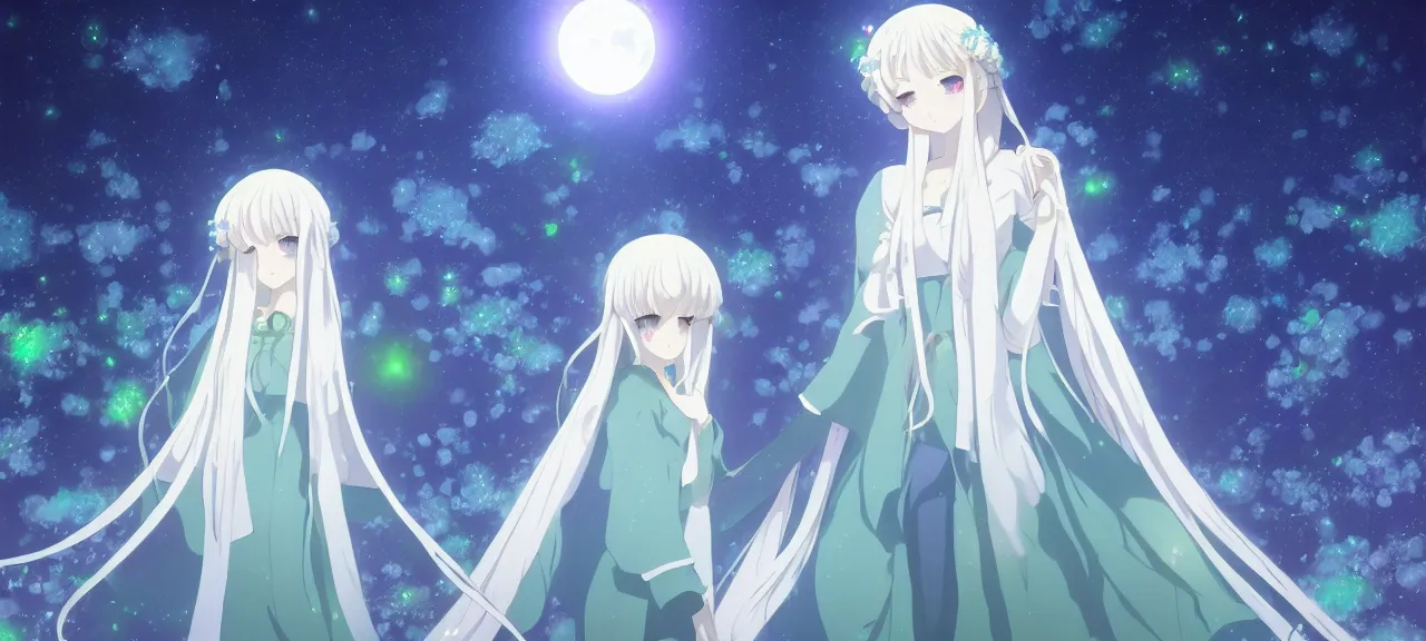 Image similar to Illyasviel holding floating green crystal | ghibli clover | Big Moon at Blue Night | Trees with white flowers | bioluminescent blue FLOWERS | strong blue rimlit | visual-key | anime illustration | highly detailed High resolution | Light Novel | Visual Novel | Gosick