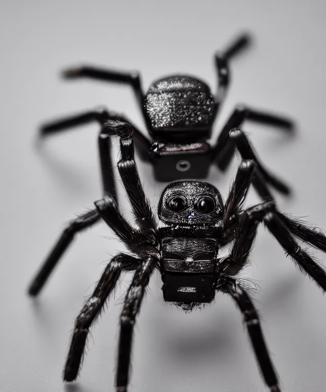 Image similar to high quality presentation photo of a cute miniature robot spider, photography 4k f1.8 anamorphic bokeh 4k Canon Nikon