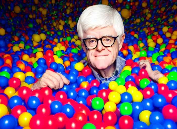 Prompt: photo still of phil donahue in a ball pit!!!!!!!! at age 6 6 years old 6 6 years of age!!!!!!!! hiding from parents, 8 k, 8 5 mm f 1. 8, studio lighting, rim light, right side key light