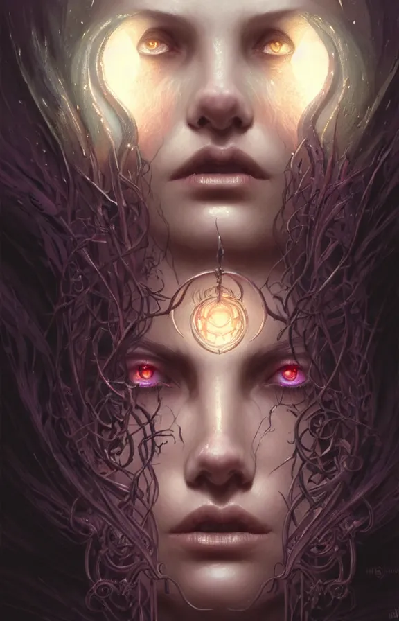 Image similar to Necromancer Sorceress face close-up macro in center, fantasy magic, undercut hairstyle, dark light night, intricate, elegant, sharp focus, illustration, highly detailed, digital painting, concept art, matte, art by WLOP and Artgerm and Greg Rutkowski and Alphonse Mucha, masterpiece