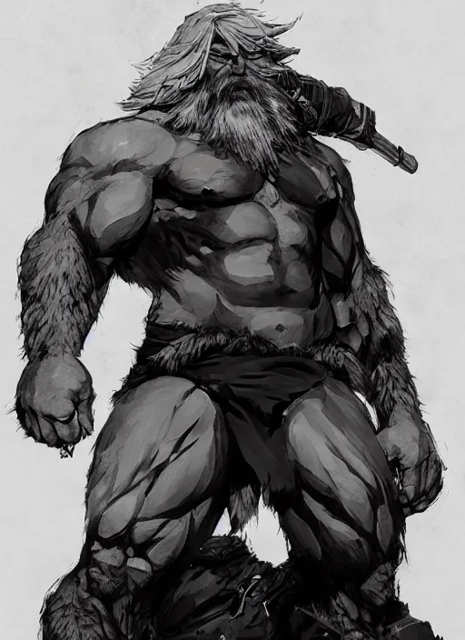 Prompt: Full body portrait of an old muscular man with blonde hair and beard wearing bear skin. In style of Yoji Shinkawa and Hyung-tae Kim, trending on ArtStation, dark fantasy, great composition, concept art, highly detailed.