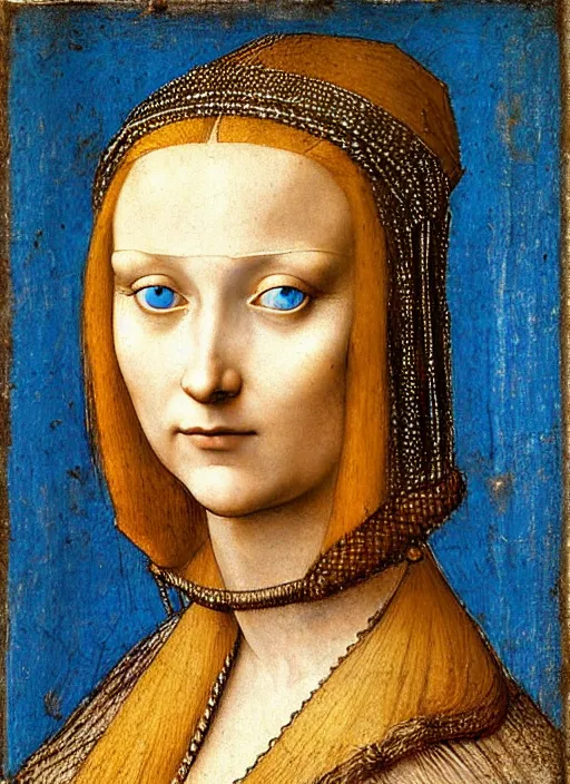 Prompt: portrait of young woman in medieval dress and medieval headdress, blue eyes and blond hair, style by the leonardo da vinci