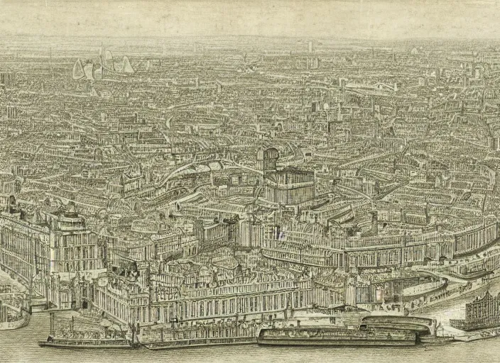 Prompt: detail from Hollar’s Panoramic view of London, 2047
