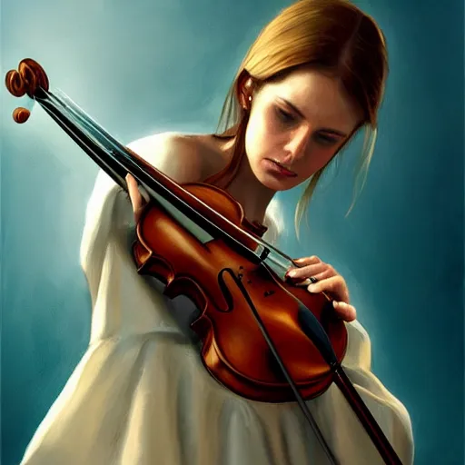 Prompt: violin character playing a woman, oil painting, artstation, dramatic lighting, symmetry, beautiful