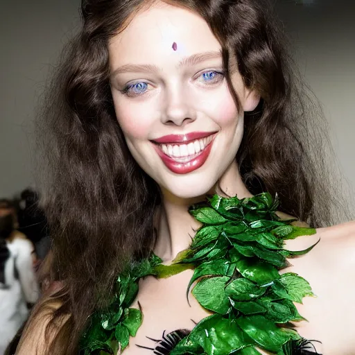 Image similar to A beautiful portrait of Emily Didonato smiling as Poison Ivy from Batman at Chanel & maybelline fashion show as a model Spring/Summer 2018, highly detailed, in the style of cinematic, Milan fashion week backstage, Extreme close up, Makeup by Pat McGrath, Hair by Guido Palau, Greg rutkowski