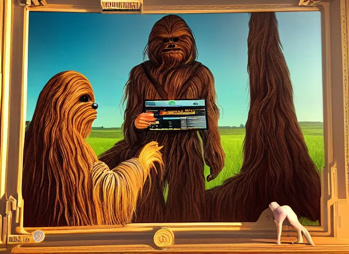 Image similar to wookiee is comfy at home trading crypto. the charts are at all time highs, huge gains, painting by grant wood, 3 d rendering by beeple