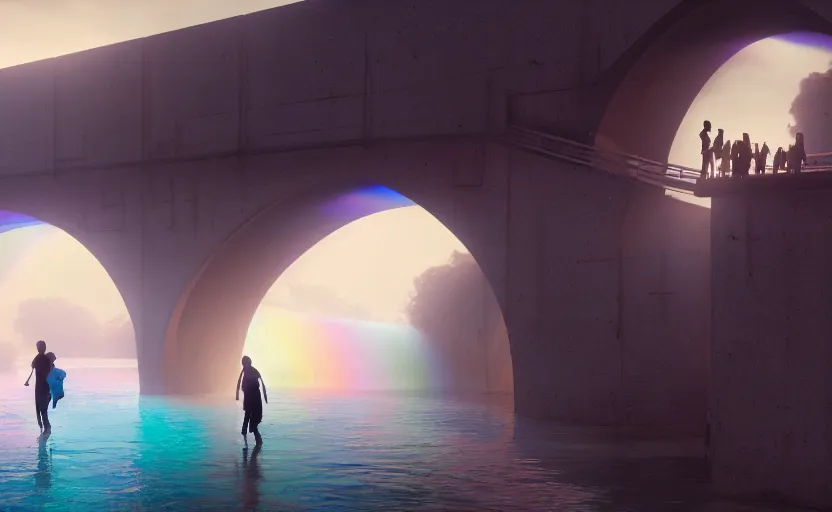 Image similar to incredible, mindblowing, refugees crossing a bridge made of rainbow, matte painting, makoto shinkai, artstation, cgsociety, dramatic lighting, concept art, octane render, arnold 3 d render