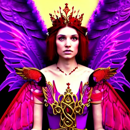 Image similar to Princess sorceress with red flaming bird wings on her back and sitting on an ornate throne dressed in a fancy purple dress, beautiful realistic face, Fantasy, Full Portrait, High detail, realistic, planeswalker