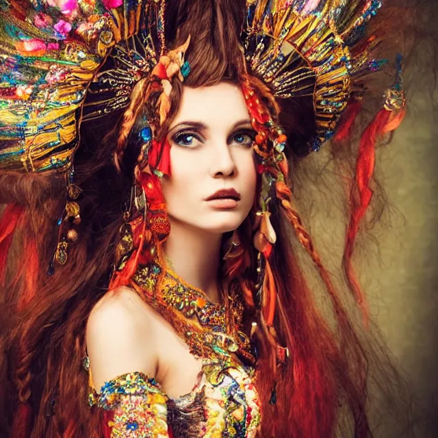 Prompt: ethereal beautiful woman with long flowing hair in gypsy outfit, high detail
