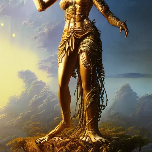 Image similar to A digital intricate masterpiece illustration concept art of a giant statue of Goddess Hera with its top in the heaven, taiga landscape + inspired art by Bruce Pennington, Ted Naismith, Daniel Merriam + symmetry + intricate complexity, epic composition, magical atmosphere, highly detailed, cinematic lighting + wide long shot, wide angle + trending on artstation + 8k