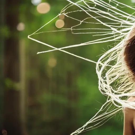 Prompt: a female made out of string surrounded by forest cinematic, 8 k, depth of field, bokeh.