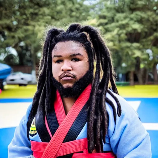 Image similar to photo of chubby black bjj athlete with long dreads posing, serious face