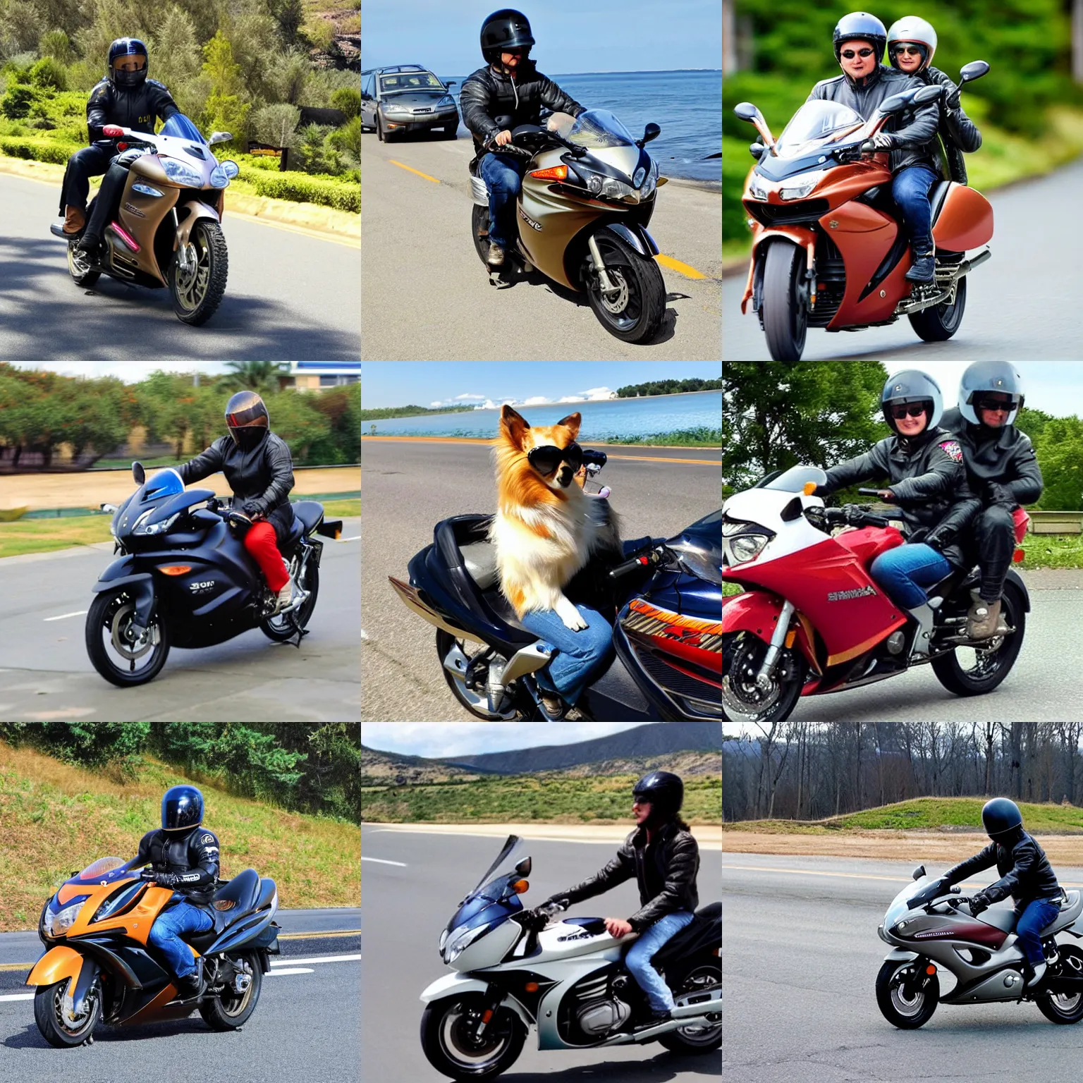 Prompt: a sheltie with a leather jacket and sun glasses and a helmet riding a suzuki hayabusa as a passenger