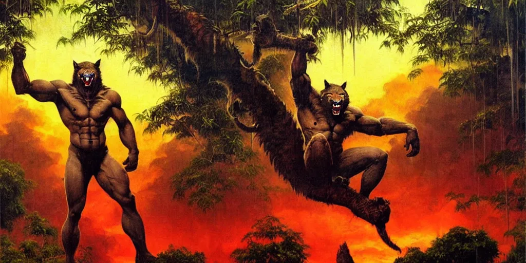 Prompt: frazetta werewolf realistic full body panoramic portrait textured oil painting jungle cyan background with red dramatic sky and sunset with rain and storm