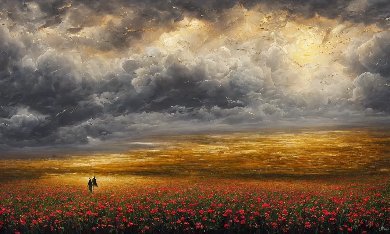 Prompt: breathtaking oil painting with palette knife of a plains landscape in luxurious nature, with intricate art nouveau moody dark tumultuous clouds, at dawn with roses and golden petals flying, grim reaper silhouette with scythe, concept art, matte, by krista schumacher and georgia hart,