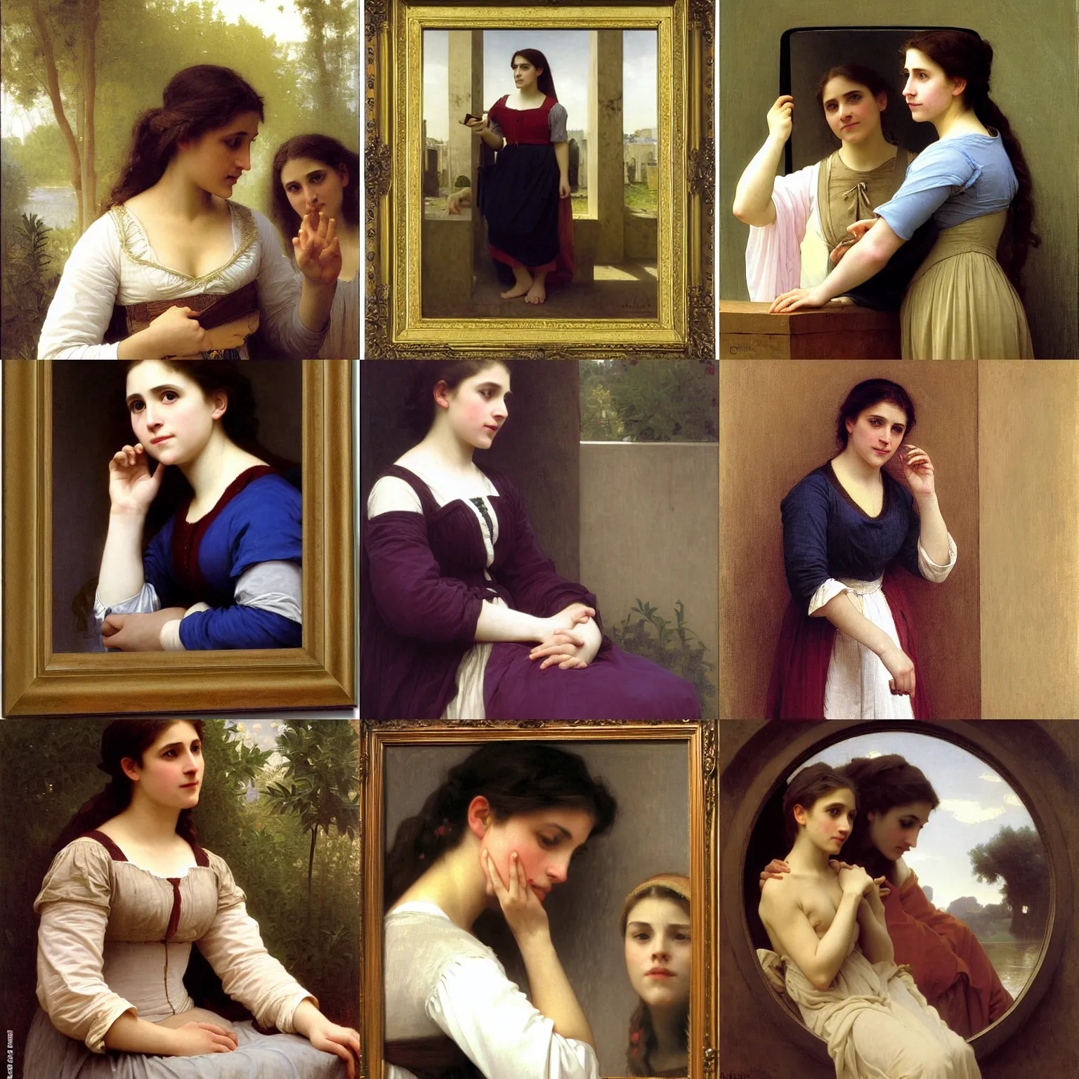 Prompt: painting by william adolphe bouguereau of pam beesly in medieval clothes looking at her reflection in the mirror , surprised expression
