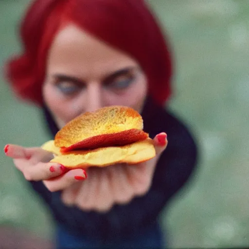 Prompt: a woman holding a piece of food in her hand, a stock photo by esther blaikie mackinnon, reddit contest winner, primitivism, shallow depth of field, photo taken with ektachrome, 3 5 mm lens
