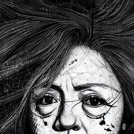 Image similar to Yoshitaka Amano realistic illustration of hillary clinton ,hair fluttering in the wind, cracks on her face wearing Elden ring armour with engraving, abstract black and white patterns on the background, noisy film grain effect, highly detailed, Renaissance oil painting, weird portrait angle, blurred lost edges, three quarter view