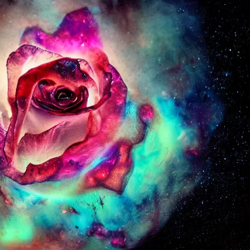 Image similar to award - winning macro of a beautiful rose made of molten magma, colored smoke and nebulae on empty, black background, highly detailed, trending on deviantart and artstation, nasa space photography, national geographic