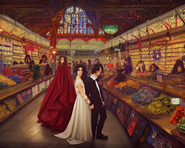 Image similar to a wedding in a supermarket, photography of kurzgesagt, deep focus, d & d, fantasy, intricate, elegant, highly detailed, digital painting, artstation, concept art, matte, sharp focus, illustration, hearthstone, art by artgerm and greg rutkowski and alphonse mucha