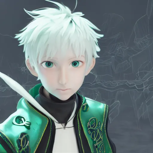 Image similar to a white haired green eyes boy casting a spell. character design. intricate. gesture drawing. line of action. official art, unreal engine 5, unreal engine. tetsuya nomura. medium shot. ray tracing hdr. 8 k. uhd. sharp focus. highly detailed. masterpiece. anime render. cinematic lighting. lifelike. symmetrical face. beautiful face