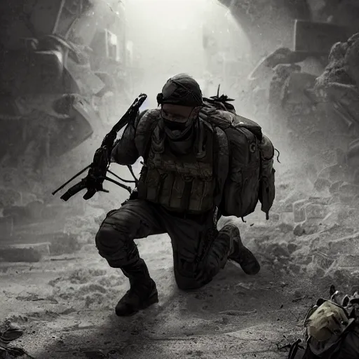 Image similar to Dying Mercenary Special Forces soldier in grey uniform with black armored vest crawling to shelter on a Greek Island 2020, combat photography by Feng Zhu, highly detailed, excellent composition, cinematic concept art, dramatic lighting, trending on ArtStation