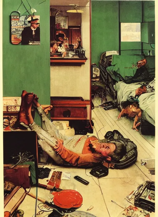 Image similar to dennis hopper crawling around on the floor of a dingy apartment, painted by norman rockwell and tom lovell and frank schoonover, green, dystopian