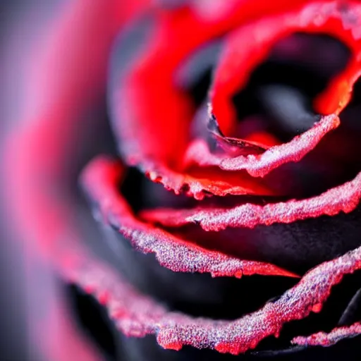 Image similar to award - winning macro of a beautiful black rose made of glowing molten magma