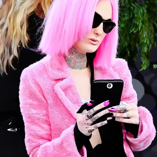 Prompt: paparazzi photo of jeffree star holding a pink flip phone