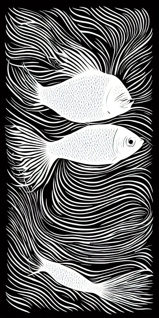 Image similar to illustration vector fine line art of a white fish on a full black background