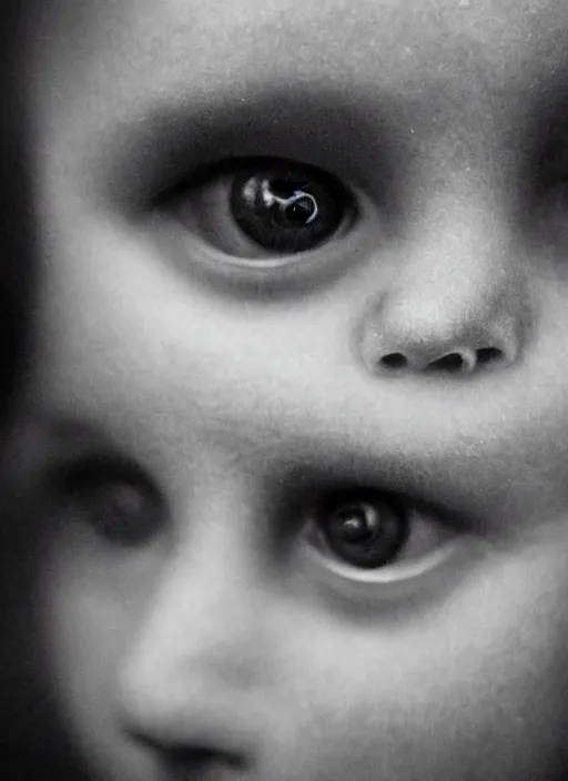 Image similar to 1900s, close up portrait of black eyed child ghost, depth of field, Zeiss lens, detailed, symmetrical, centered, fashion photo shoot, by Annie Leibovitz and Steve McCurry, David Lazar, Jimmy Nelsson , breathtaking, 8k resolution, extremely detailed, beautiful shot, artistic, hyperrealistic, beautiful face, octane render