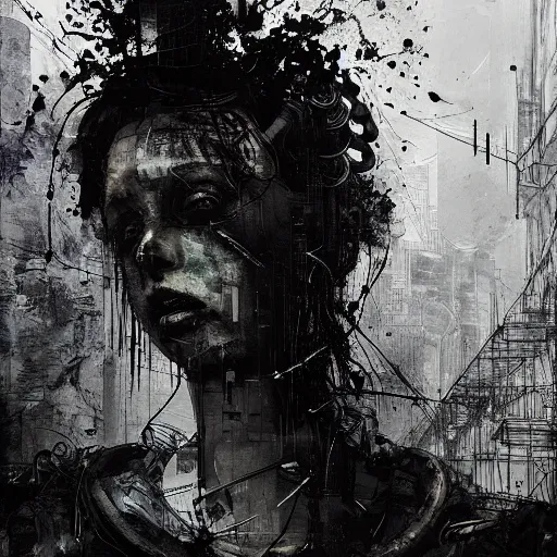 Image similar to lost and alone in an industrial wasteland screaming cyberpunk, wires, machines by emil melmoth zdzislaw belsinki craig mullins yoji shinkawa realistic render ominous detailed photo atmospheric by jeremy mann francis bacon and agnes cecile ink drips paint smears digital glitches glitchart