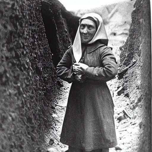 Prompt: “armored catholic nun medic in ww1 trench warfare”