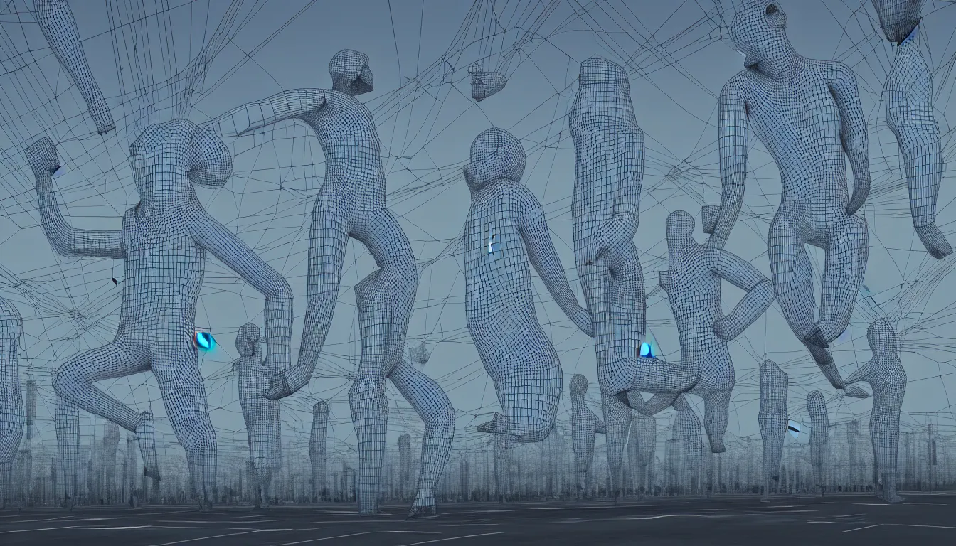 Prompt: 3 d wireframe of city street humans floating in the air, full colour, hyper realistic photo, upscale, 8 k, masterpiece,