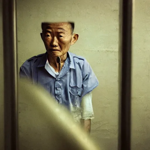 Image similar to a portrait of very very very old justin sun in futuristic prison looking through the bars of his cell, by annie leibovitz, shallow depth of field, cinematic lighting