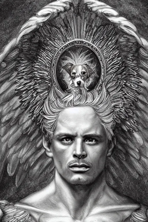 Image similar to God with a Chihuahua's head, a radiant halo and wings, detailed face, gorgeous, flowing hair, very muscular male body, partial anatomy, stormy and grand war scene, delicate and intricate borders for decoration, caesar victorious, proud Emperor, split lighting, character close-up, intricate, highly detailed, 8K, digital painting, fantasy, concept art, sharp focus, art by greg rutkowski beeple and alphonse mucha