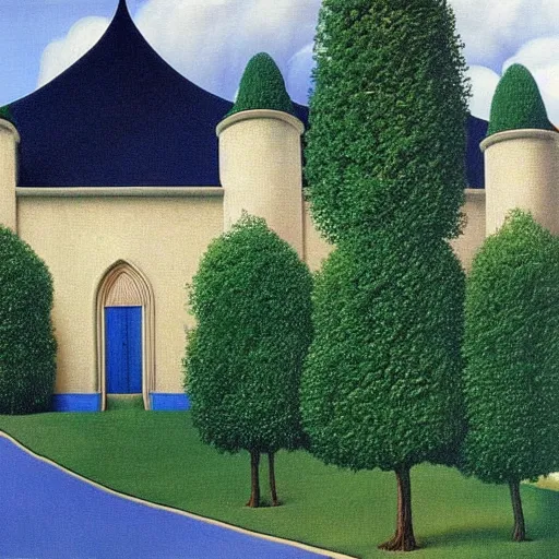 Image similar to elrond's house, rivendell, by rene magritte