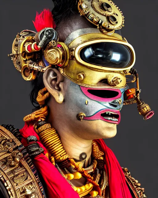 Prompt: photo of a Dramatic Kathakali male character with painted face wearing futuristic MadMax style steampunk goggles and steampunk robot armour with wide skirt in the style of stefan kostic, full body, realistic, sharp focus, symmetric, 8k high definition, insanely detailed, intricate, elegant, art by stanley lau and artgerm, Hajime Sorayama, William-Adolphe Bouguereau