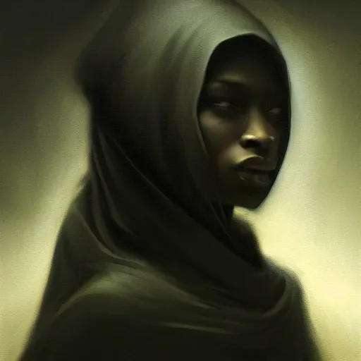 Image similar to a portrait of a young black woman wearing a long dark cloak, hood and shadows covering face, anatomically correct, beautiful perfect face, enigmatic, oil painting, matte painting, black background, Volumetric dynamic lighting, Highly Detailed, Cinematic Lighting, Unreal Engine, 8k, HD, by Beksinski