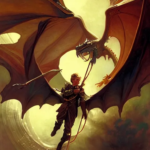 Prompt: stunning male master wizard flying with a dragon, highly detailed painting by gaston bussiere, craig mullins, j. c. leyendecker, 8 k